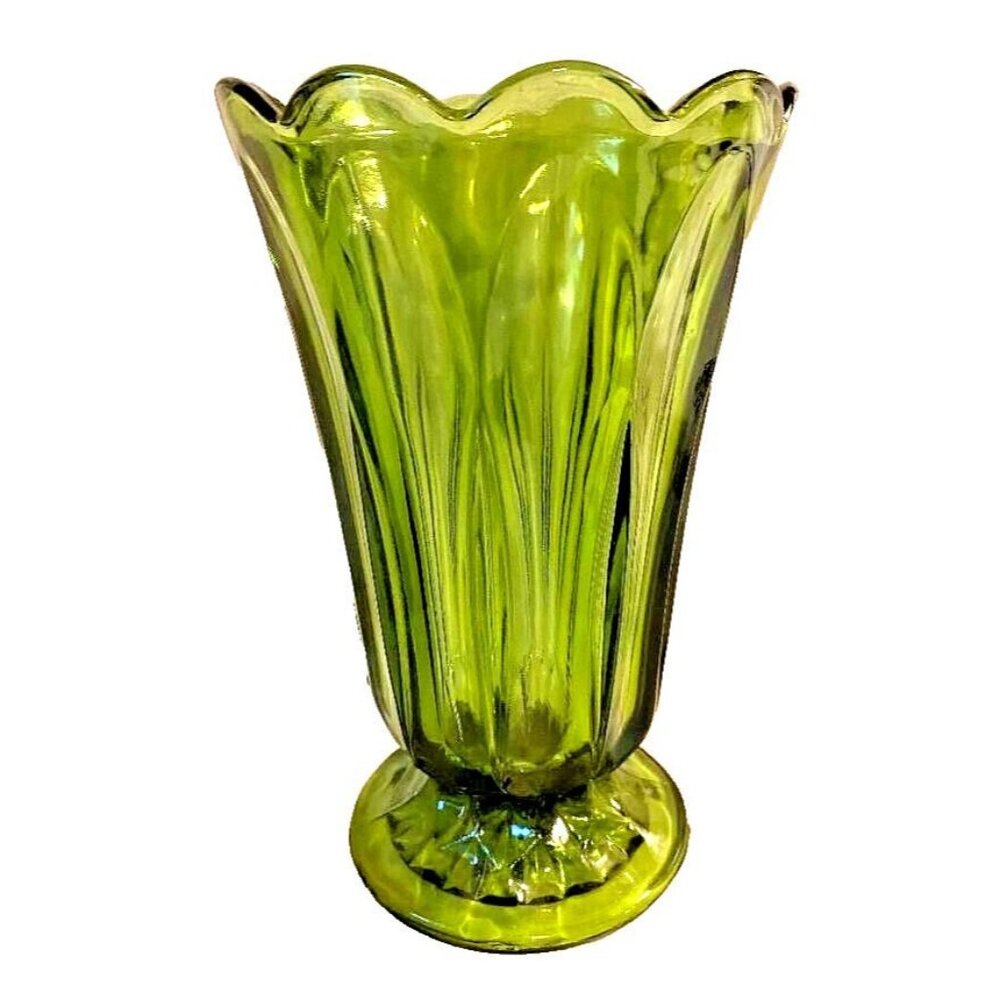 Vintage Avocado Green Footed Glass Bouquet Vase with Scalloped Rim.